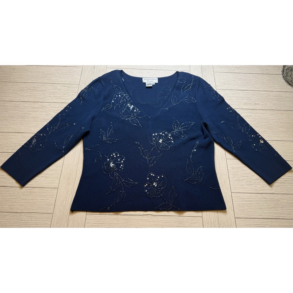 Adrianna Papell Navy Beaded V Neck Rayon Nylon Sweater‎ Blouse Party Glam Sz 14